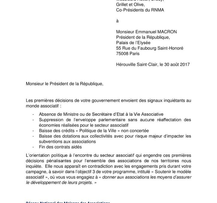 RNMA : lettre ouverte au Président de la République